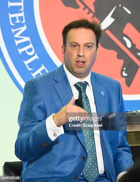 Elliotte Friedman speaks at Hockey SENSE, in partnership with the NHL, NHLPA and Beyond Sport at the World Cup of Hockey 2016 at the Hockey Hall of...