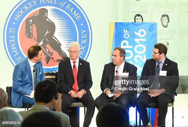 Elliotte Friedman moderates a panel of Franz Reindl, Zoltan Kovacs and Adam Sherlip at Hockey SENSE, in partnership with the NHL, NHLPA and Beyond...