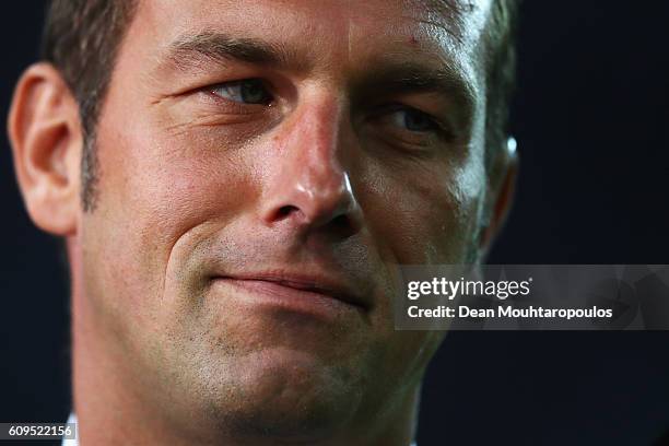 Schalke Manager / Head Coach, Markus Weinzierl looks on prior to the Bundesliga match between FC Schalke 04 and 1. FC Koeln at Veltins-Arena on...