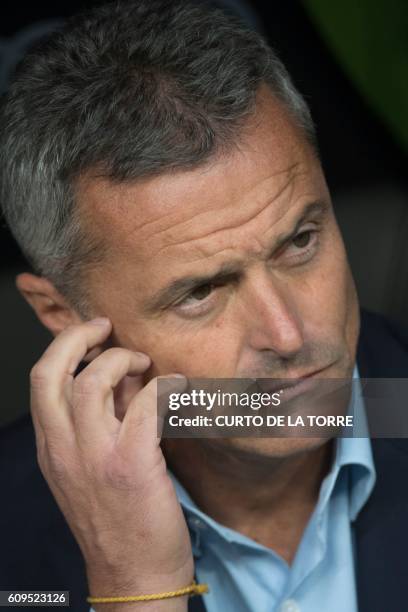 Villarreal's coach Fran Escriba looks on before the Spanish league football match Real Madrid CF vs Villarreal CF at the Santiago Bernabeu stadium in...