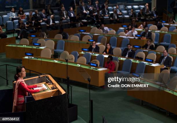 Aung San Suu Kyi, State Counsellor and Minister for Foreign Affairs of Myanmar, addresses the United Nations General Assembly General Debate...