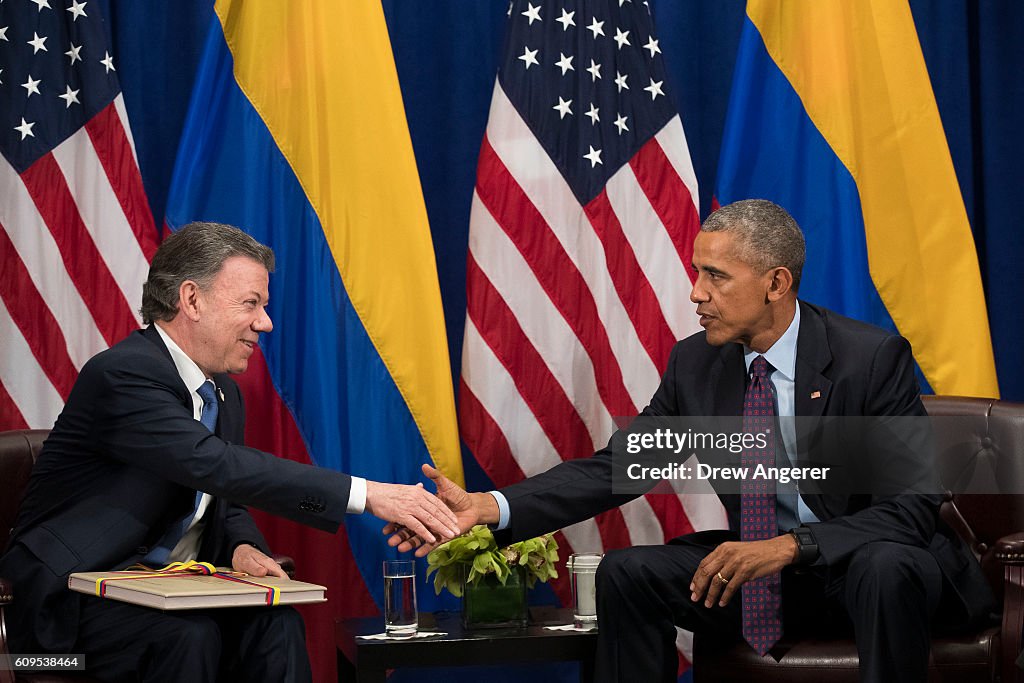 President Obama Holds Bilateral Meeting With Colombian President Santos In NYC