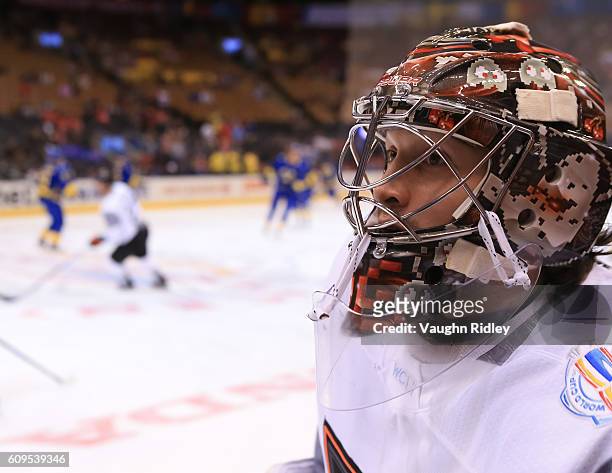 John Gibson of Team North America warms up prior to a game against Team Sweden during the World Cup of Hockey 2016 at Air Canada Centre on September...