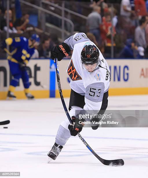 Shayne Gostisbehere of Team North America warms up prior to a game against Team Sweden during the World Cup of Hockey 2016 at Air Canada Centre on...
