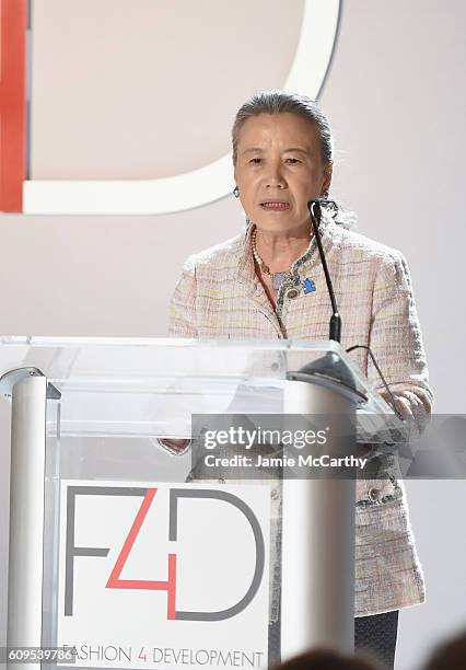 First Lady of United Nations Madam Ban-Soon Taek speaks at the Fashion 4 Development's 6th Annual Official First Ladies Luncheon on September 21,...