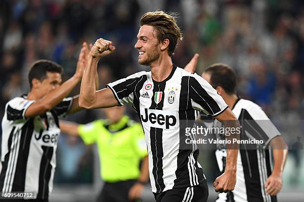 Daniele Rugani of Juventus FC celebrates after scoring the opening goal during the Serie A match between Juventus FC and Cagliari Calcio at Juventus...