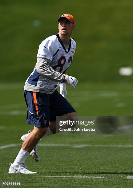 Denver Broncos tight end Jeff Heuerman runs through drills during practice September 21, 2016 at Dove Valley.