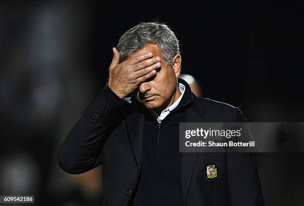 Jose Mourinho, Manager of Manchester United looks dejected during the EFL Cup Third Round match between Northampton Town and Manchester United at...