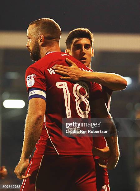 Aaron Wilbraham of Bristol City celebrates with team mates after scoring during the EFL Cup Third Round match between Fulham and Bristol City at...