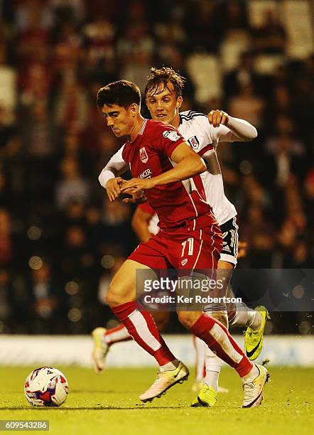 Callum O'Dowda of Bristol City holds off the challenge of Lasse Vigen Christensen of Fulham during the EFL Cup Third Round match between Fulham and...