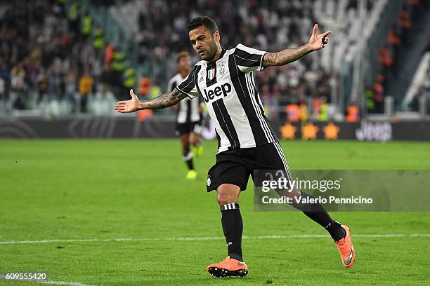 Daniel Alves of Juventus FC celebrates a goal during the Serie A match between Juventus FC and Cagliari Calcio at Juventus Stadium on September 21,...