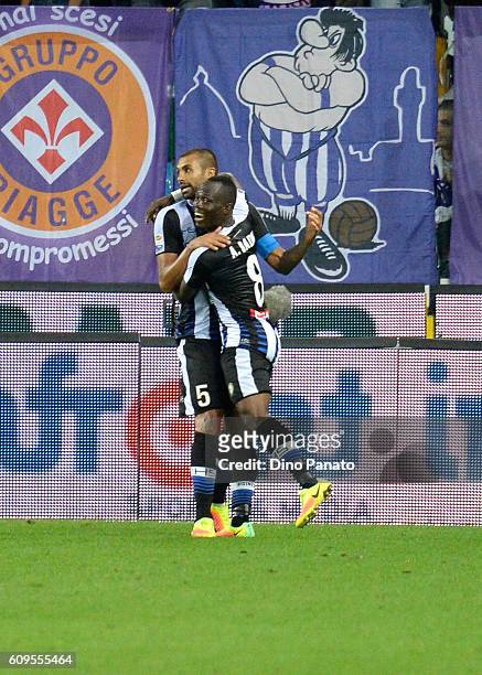 Danilo Larangeira of Udinese Calcio celebrates with his team's mate Emmanuel Agyemang Badu after scoring his team's second goal during the Serie A...