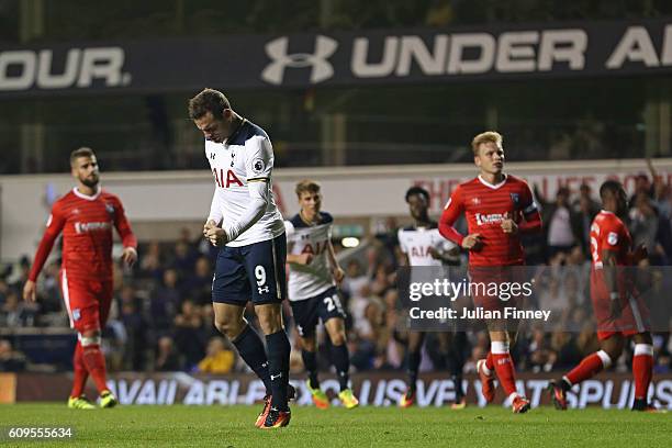 Vincent Janssen of Tottenham Hotspur celebrates scoring his sides third goal during the EFL Cup Third Round match between Tottenham Hotspur and...