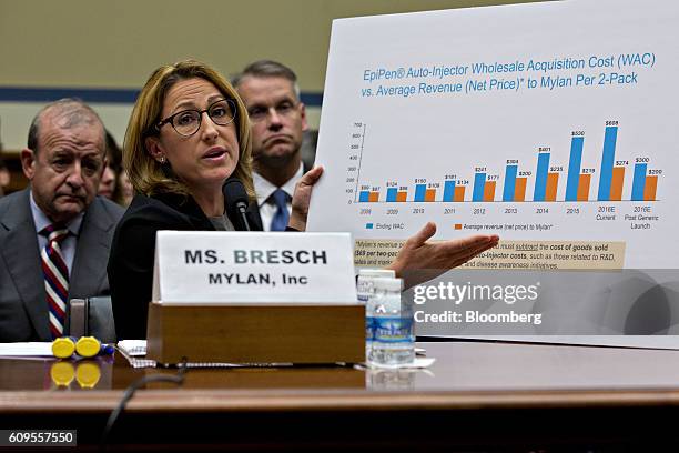 Heather Bresch, chief executive officer of Mylan NV, refers to a chart while speaking during a House Oversight and Government Reform Committee...