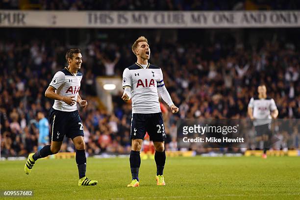 Christian Eriksen of Tottenham Hotspur celebrates scoring his sides first goal with Harry Winks of Tottenham Hotspur during the EFL Cup Third Round...