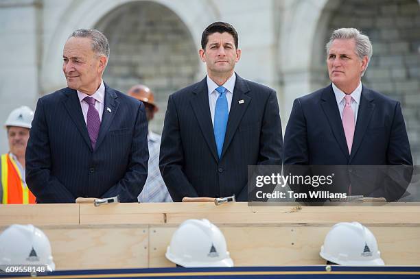 From left, Sen. Charles Schumer, D-N.Y., Speaker Paul Ryan, R-Wis., and House Majority Leader Kevin McCarthy, prepare for a First Nail Ceremony that...