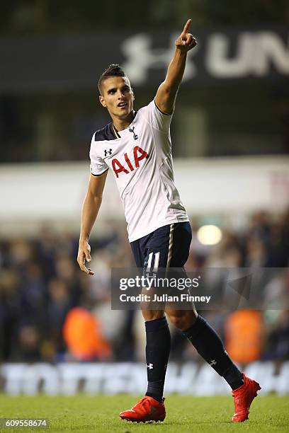 Erik Lamela of Tottenham Hotspur celebrates scoring his sides fifth goal during the EFL Cup Third Round match between Tottenham Hotspur and...