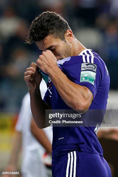 Hamdi Harbaoui forward of Rsc Anderlecht scores and celebrates pictured during Croky Cup match between RSC Anderlecht and OHL on September 21, 2016...