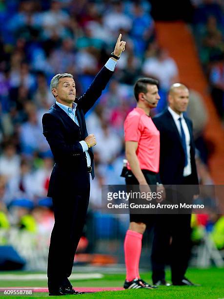 Coach Fran Escriba of Villarreal CF gives instructions during the La Liga match between Real Madrid CF and Villarreal CF at Santiago Bernabeu stadium...