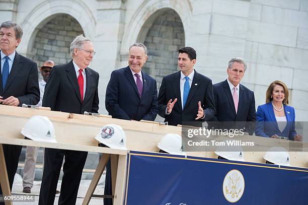 From left, Sen. Roy Blunt, R-Mo., chairman of the Joint Congressional Committee on Inaugural Ceremonies, Senate Majority Leader Mitch McConnell,...