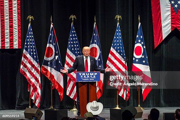 Republican presidential nominee Donald Trump addresses supporters at the Stranahan Theater on September 21, 2016 in Toledo, Ohio. Recent Ohio polls...