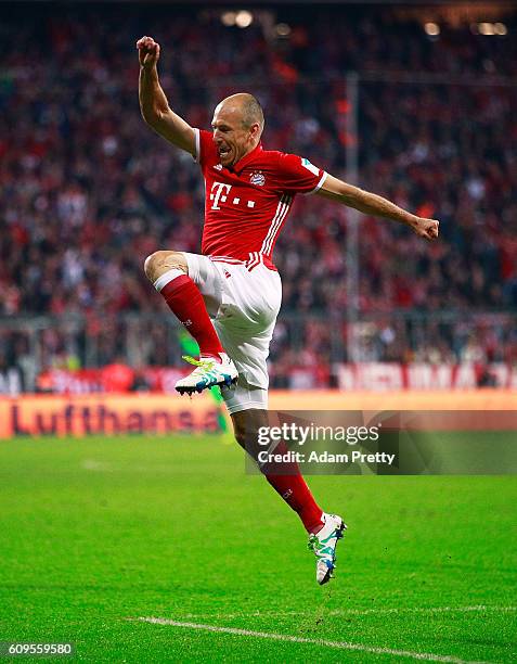 Arjen Robben of Bayern Munich celebrates scoring a goal during the Bundesliga match between Bayern Muenchen and Hertha BSC at Allianz Arena on...