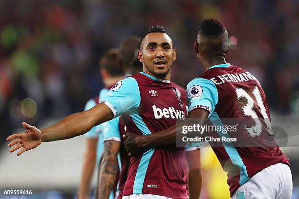 Dimitri Payet of West Ham United celebrates scoring his sides first goal with Edmilson Fernandes of West Ham United during the EFL Cup Third Round...