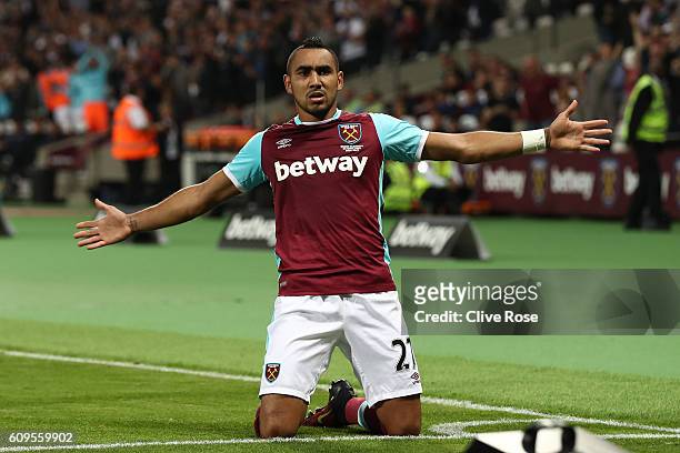Dimitri Payet of West Ham United celebrates scoring his sides first goal during the EFL Cup Third Round match between West Ham United and Accrington...