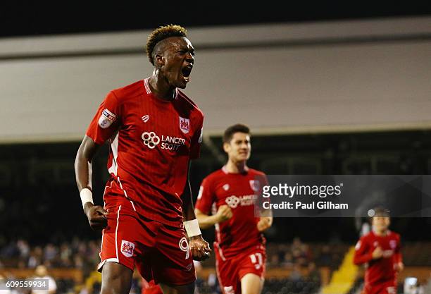 Tammy Abraham of Bristol City celebrates scoring his sides second goal during the EFL Cup Third Round match between Fulham and Bristol City at Craven...