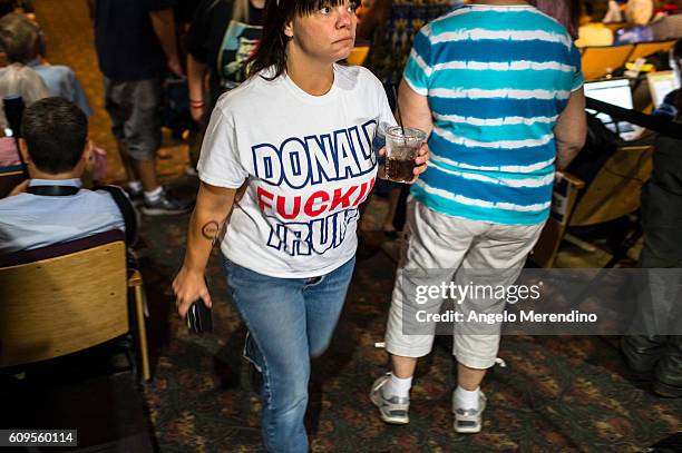 Supporter of Republican presidential nominee Donald Trump waits for him to speak at the Stranahan Theater on September 21, 2016 in Toledo, Ohio....