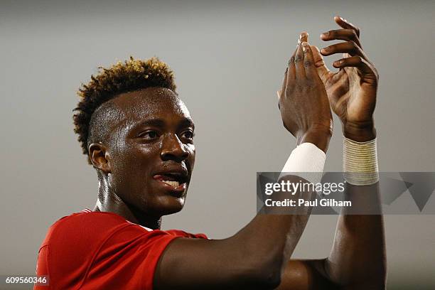 Tammy Abraham of Bristol City celebrates scoring his sides second goal during the EFL Cup Third Round match between Fulham and Bristol City at Craven...