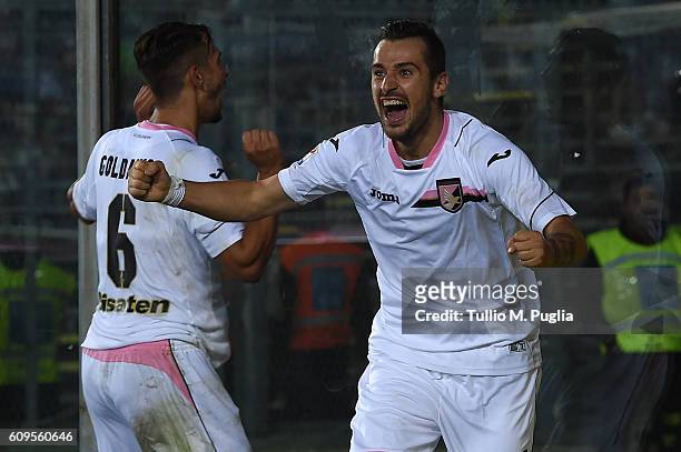 Ilija Nestorovski of Palermo celebrates after scoring the winning goal during the Serie A match between Atalanta BC and US Citta di Palermo at Stadio...