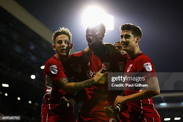 Tammy Abraham of Bristol City celebrates scoring his sides second goal during the EFL Cup Third Round match between Fulham and Bristol City at Craven...