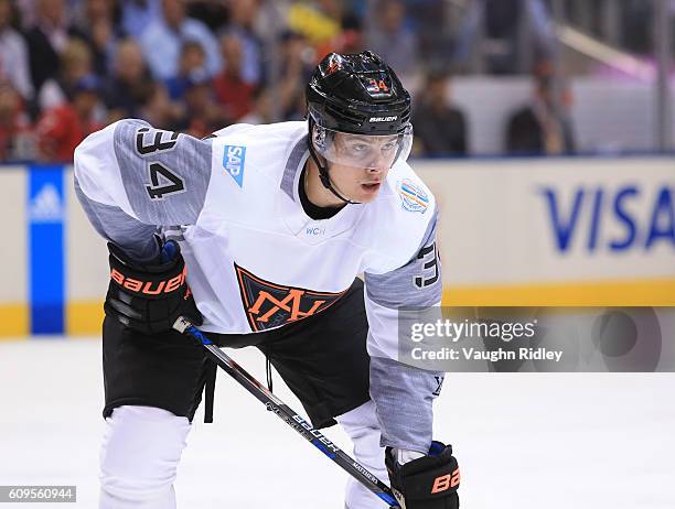 Auston Matthews of Team North America prepares for a face-off against Team Sweden during the World Cup of Hockey 2016 at Air Canada Centre on...