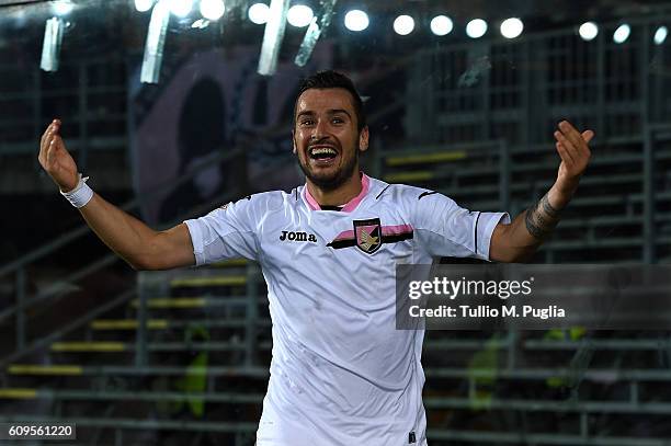 Ilija Nestorovski of Palermo celebrates after scoring the winning goal during the Serie A match between Atalanta BC and US Citta di Palermo at Stadio...