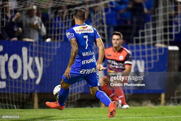 Nikolaos Karelis forward of KRC Genk scoring the opening goal during the Croky Cup 1/16 final match between SC Eendracht Aalst and KRC Genk in the...