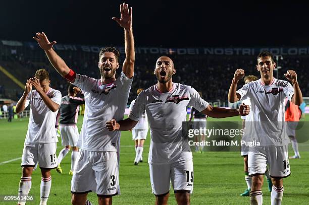 Players of Palermo celebrate after winning the Serie A match between Atalanta BC and US Citta di Palermo at Stadio Atleti Azzurri d'Italia on...