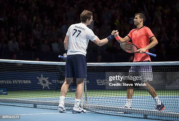 Andy Murray wins his match against Grigor Dimitrov during Andy Murray Live presented by SSE at the SSE Hydro on September 21, 2016 in Glasgow,...
