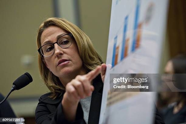 Heather Bresch, chief executive officer of Mylan NV, points to a chart while speaking during a House Oversight and Government Reform Committee...