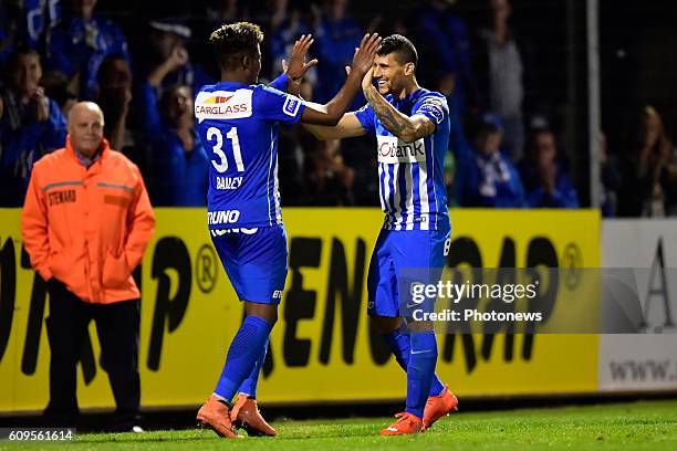 Nikolaos Karelis forward of KRC Genk scores his 3th goal and celebrates with Leon Bailey forward of KRC Genk during the Croky Cup 1/16 final match...