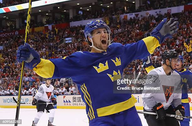 Filip Forsberg of Team Sweden celebrates his first period goal against Team North America at the World Cup of Hockey tournament at the Air Canada...