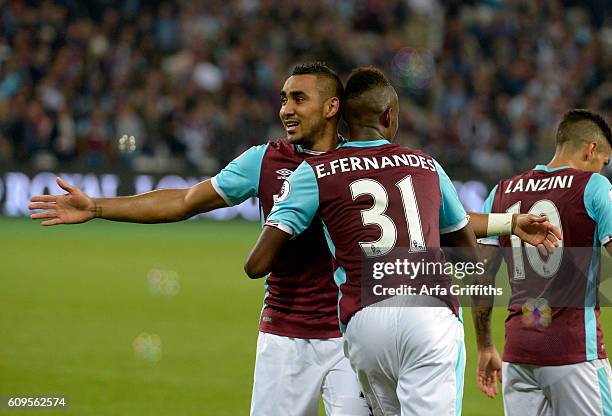 Dimitri Payet of West Ham United celebrates scoring during the match between West Ham United and Accrington Stanley in the EFL Cup Third Round at...