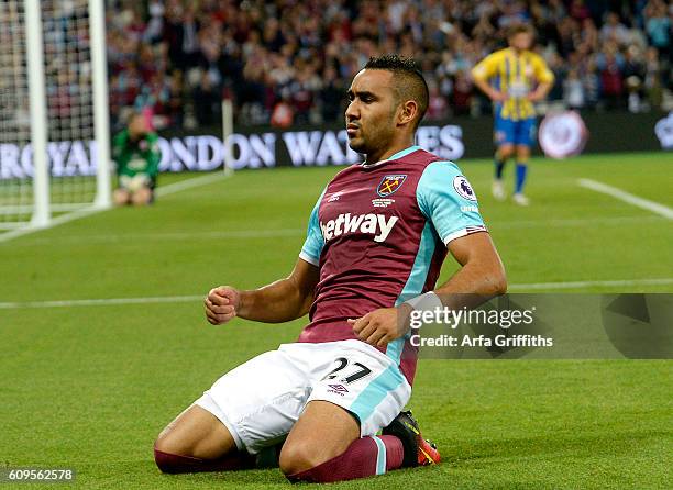 Dimitri Payet of West Ham United celebrates scoring during the match between West Ham United and Accrington Stanley in the EFL Cup Third Round at...