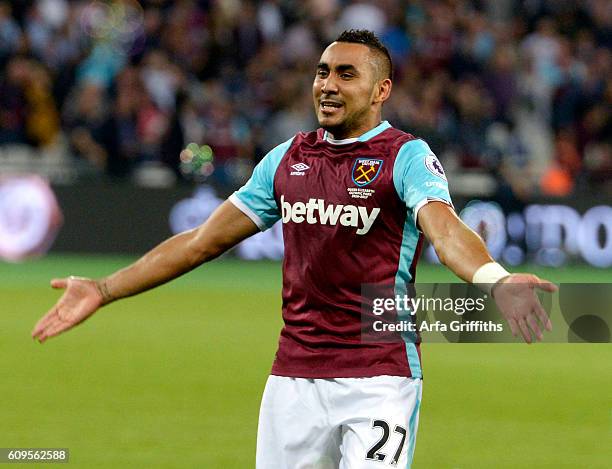 Dimitri Payet of West Ham United celebrates scoring during the match between West Ham United and Accrington Stanley in the EFL Cup Third Round at...