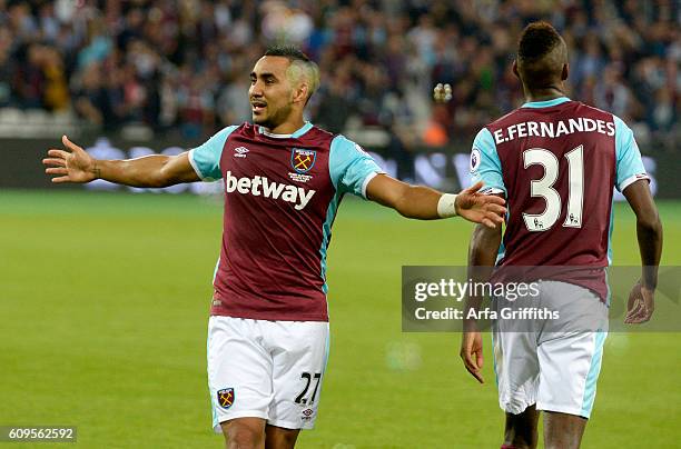 Dimitri Payet of West Ham United celebrates scoring during the match between West Ham United and Accrington Stanley in the EFL Cup Third Round at...