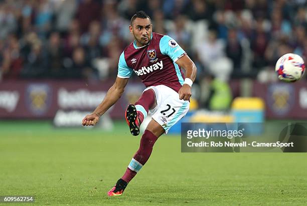 West Ham United's Dimitri Payet scores his sides first goal during the EFL Cup Third Round match between West Ham United and Accrington Stanley at...