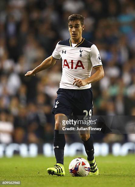 Harry Winks in action during the EFL Cup Third Round match between Tottenham Hotspur and Gillingham at White Hart Lane on September 21, 2016 in...