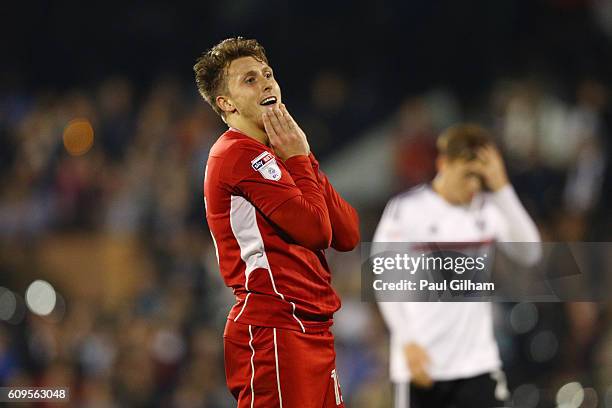 Luke Freeman of Bristol City reacts during the EFL Cup Third Round match between Fulham and Bristol City at Craven Cottage on September 21, 2016 in...