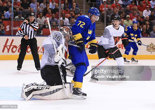 Patric Hornqvist of Team Sweden creates traffic in front John Gibson during the World Cup of Hockey 2016 at Air Canada Centre on September 21, 2016...