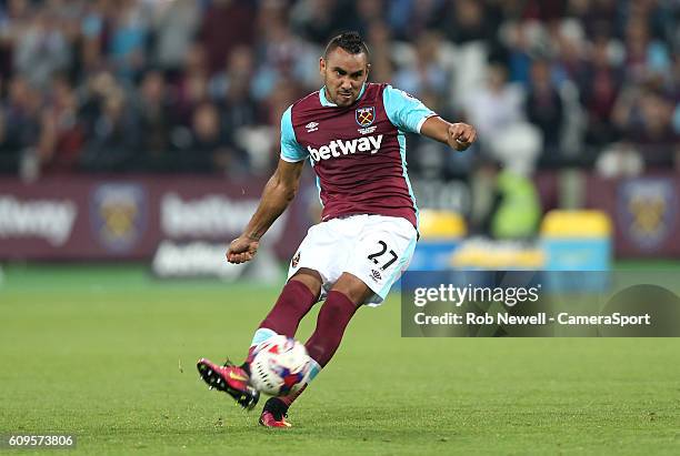 West Ham United's Dimitri Payet scores his sides first goal during the EFL Cup Third Round match between West Ham United and Accrington Stanley at...